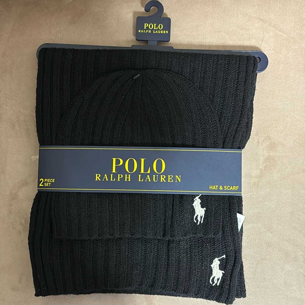 Polo Ralph Lauren Hat & Scarf set-35% wool -Black with white logo